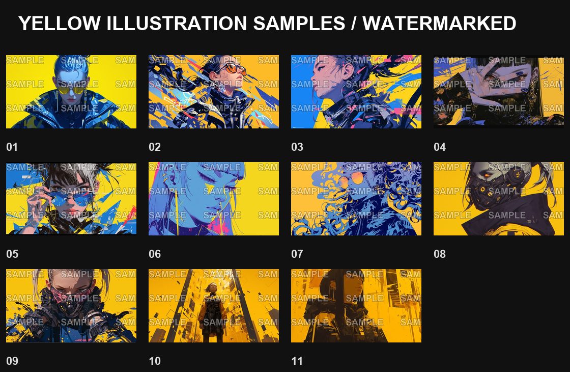 Yellow Cyber Art Pack – 11 Premium AI Illustrations イラスト SAMPLE 見本